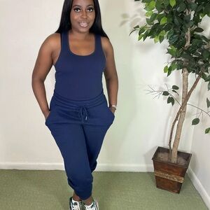 Zenana 2pc Blue Track Pants Drawstring Waist/ Racer Back bodysuit Tank. Size M